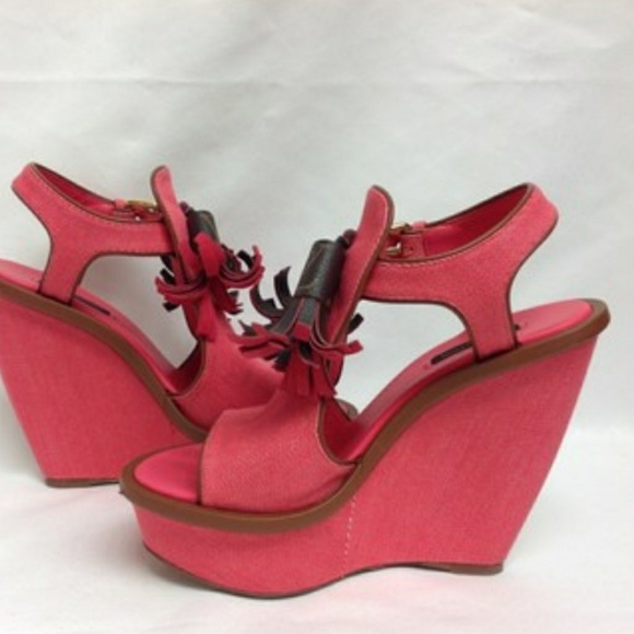 Coral denim LV Momogram Tassle wedges - Picture 1 of 7